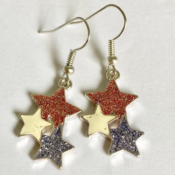 USA American Star Earrings Silver Plated 18" Patriotic July 4th Independence Day - Picture 5 of 10